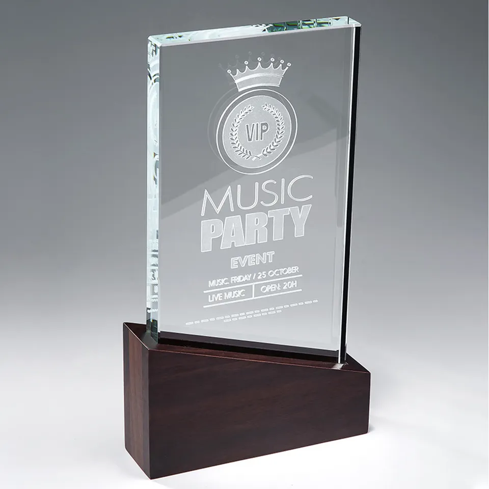Crystal Trophy with Wood Base engraved with a sample inscription